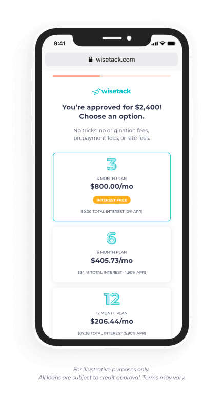 Example of Wisetack monthly payment options shown on a phone